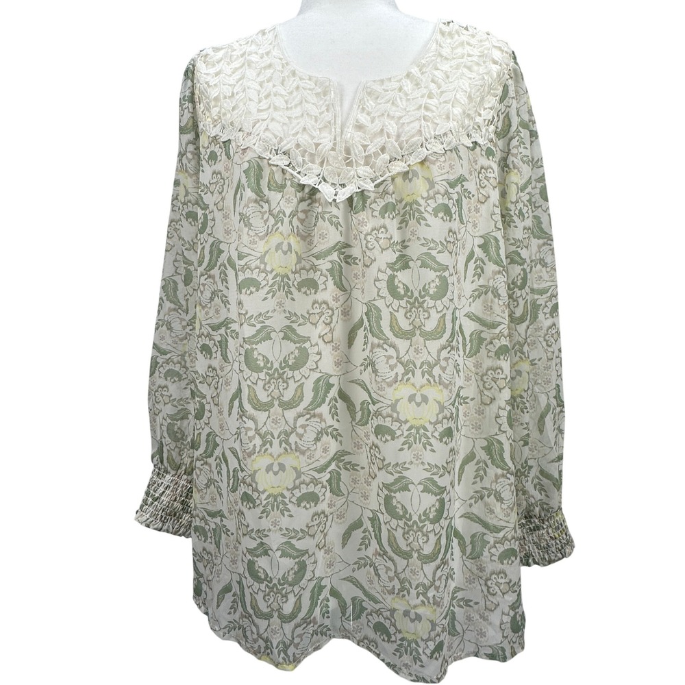Rose & Beverly VN‎ Chiffon Lace Yoke Top Multi Floral Smocked Cuff Blouse Large